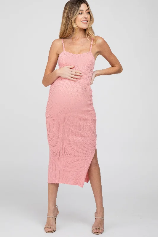 Price Rollback Pink Ribbed Square Neck Side Slit Maternity Midi Dress