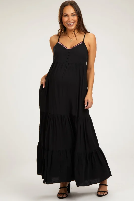 Can't Be Beat Black Scalloped Embroidered Neckline Maternity Maxi Dress