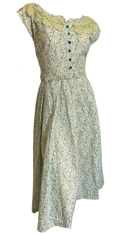 Flash Sale Aqua and Green Abstract Print Lace and Rhinestone Trimmed Dress circa 1950s