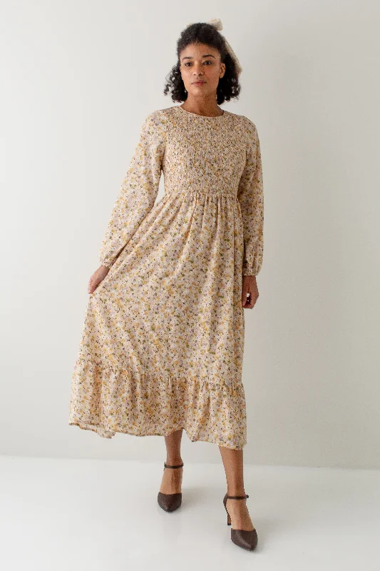 Bargain Prices 'Violet' Smocked Bodice Floral Print Midi Dress in Beige