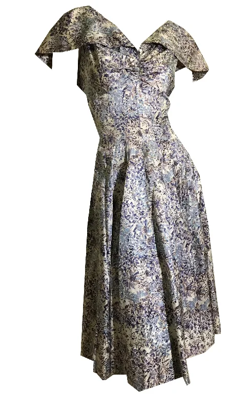 Online Specials Shawl Collar Blue and Lilac Floral Print Princess Seamed Party Dress circa 1950s