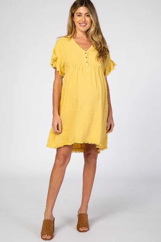 New Markdowns Yellow Linen Fringe Trim Babydoll Maternity Dress