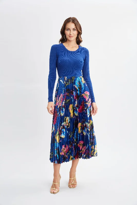 Early Access Mixed Media Floral Pleated Dress