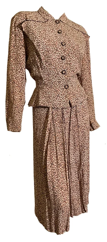 Final Markdown Smart Art Deco Geometric Print Rayon Dress and Jacket Set circa 1940s
