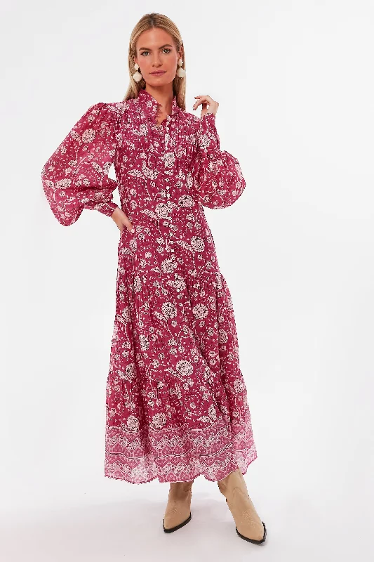 Must-Have Deals Magenta Mulberry High Neck Button Maxi Dress