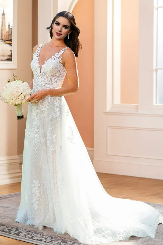 Huge Savings Gorgeous Appliques V Neck Sleeveless Wedding Dresses with Sweep Train