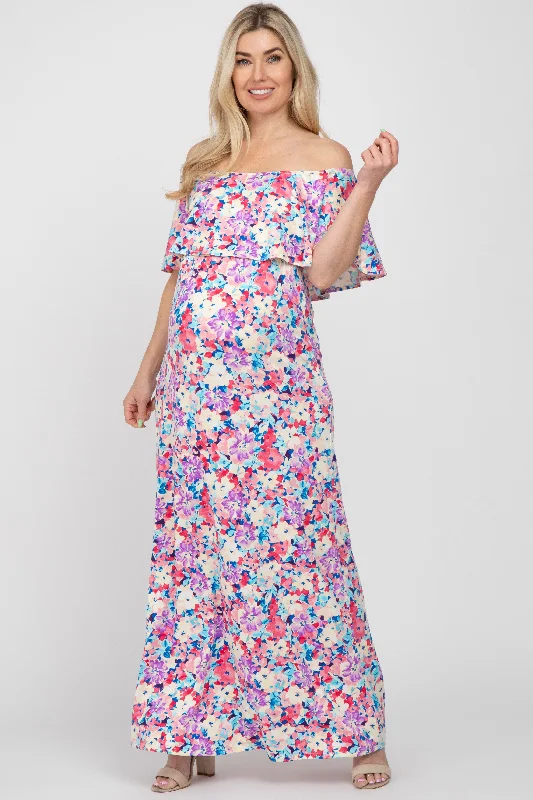 Final Clearance Pink Floral Off Shoulder Maternity Maxi Dress