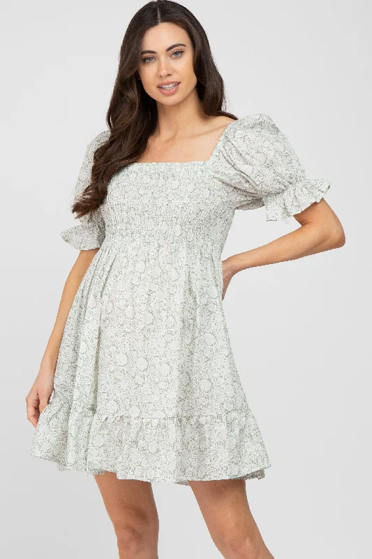 Deal of the Day Light Olive Floral Square Neck Smocked Ruffle Hem Maternity Dress