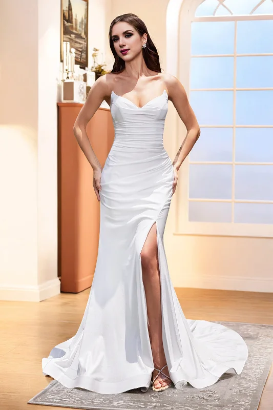 Online Only Strapless Sleeveless Mermaid Stretch Satin Long Wedding Dress
