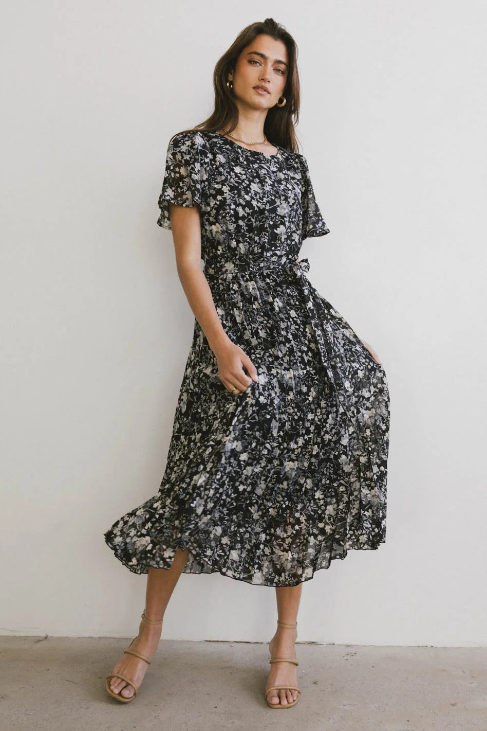 Price Drop Mary Anne Floral Midi Dress in Black