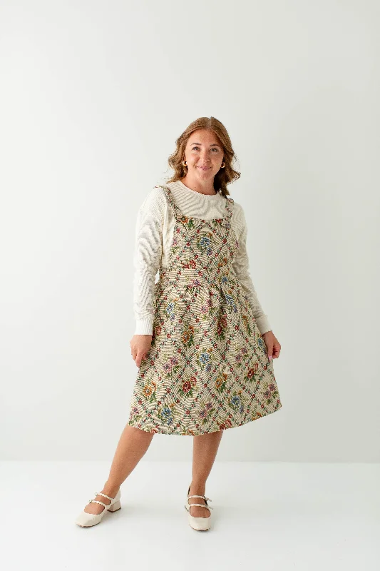 Year-End Sale 'Dolly' Quilted Vintage Floral Pinafore Dress in Taupe
