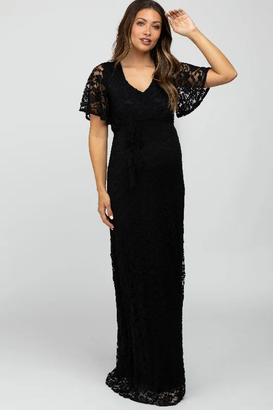 Exclusive Offers Black Lace Front Tie Maternity Maxi Dress