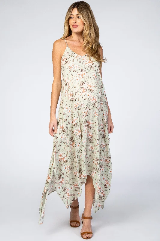Super Deal Light Mint Floral Asymmetrical Hem Maternity Dress