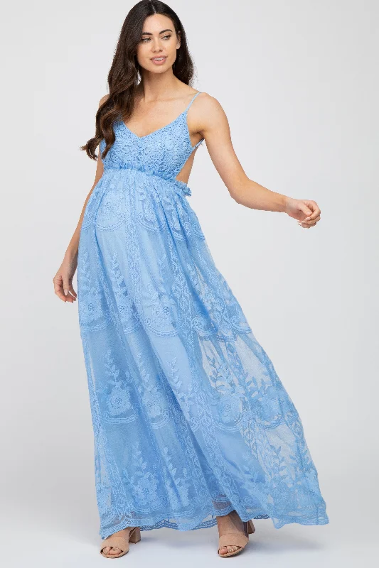 Last Chance Blue Crochet Lace Open Back Maternity Maxi Dress