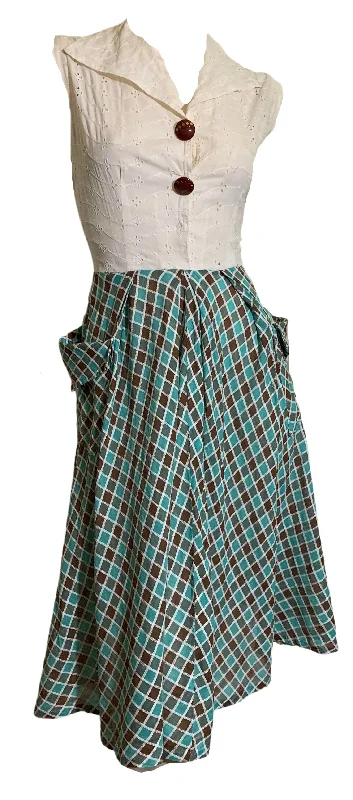 Anniversary Sale Teal and Brown Harlequin Skirted Day Dress circa 1940s
