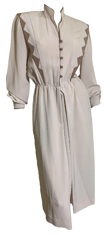 Deep Discounts Sand and Khaki Dress with Zig Zag Detail on Bodice circa 1980s