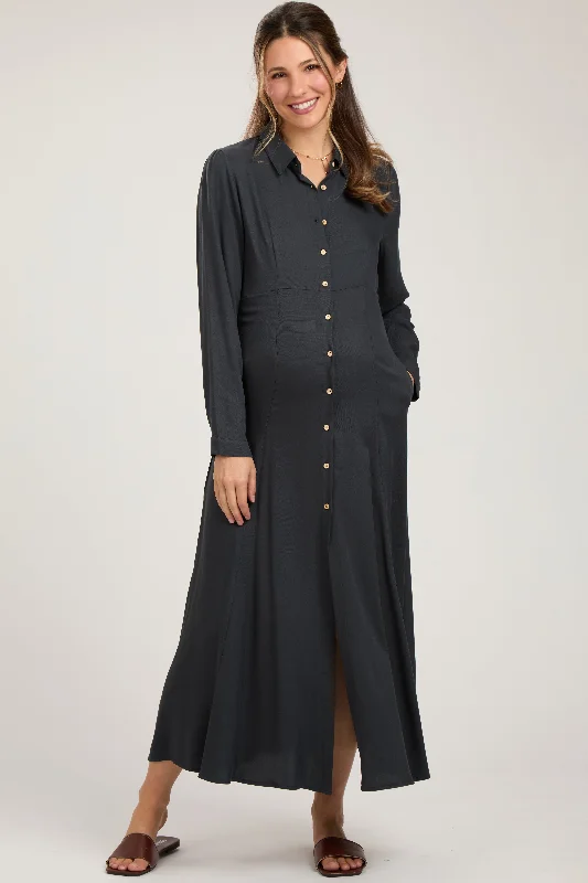 Super Savings Charcoal Collared Button Down Long Sleeve Maternity Maxi Dress