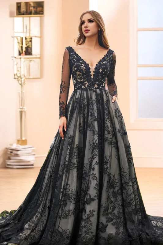 New Deals Lace Long Sleeve A Line V Neck Wedding Dress with Sweep Train