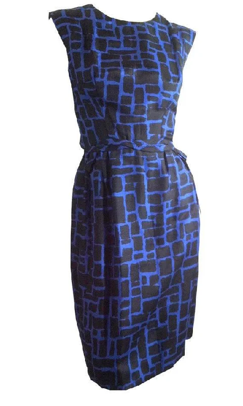 Crazy Deals Black and Blue Abstract Print Sleeveless Sheath Dress w/ Bow circa 1960s