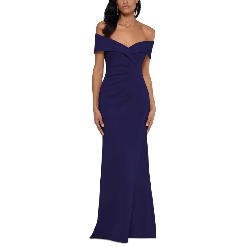 New Deals XSCAPE Womens Ruched Gown Off-Shoulder Dress, Blue, 10