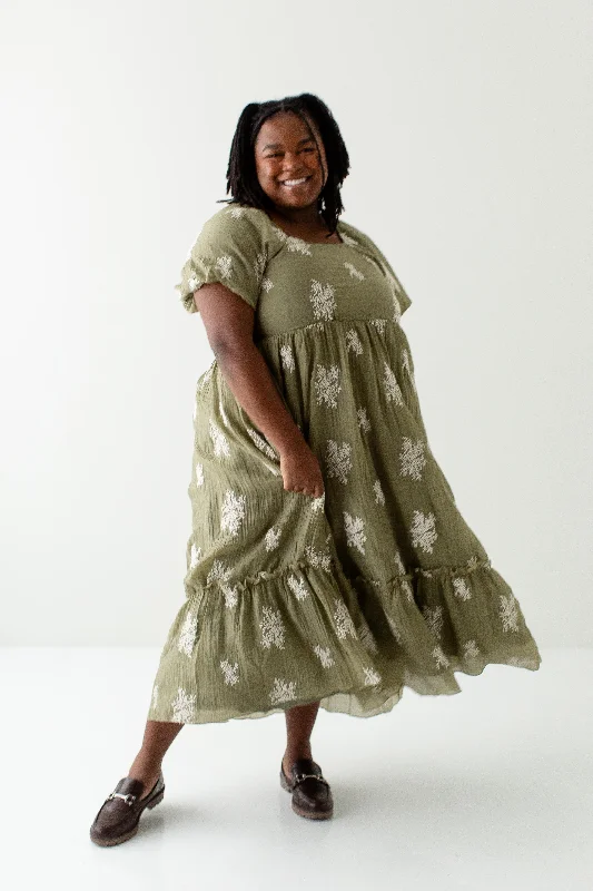 Closeout Sale Plus 'Tamara' Embroidered Square Neck Textured Dress in Light Olive