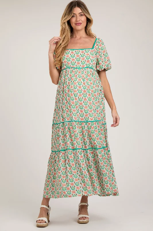Instant Discount Green Floral Print Puff Sleeve Maternity Maxi Dress