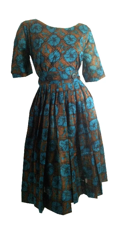 Lowest Price Turquoise and Cocoa Floral Print Dress w/ Button detail circa 1960s