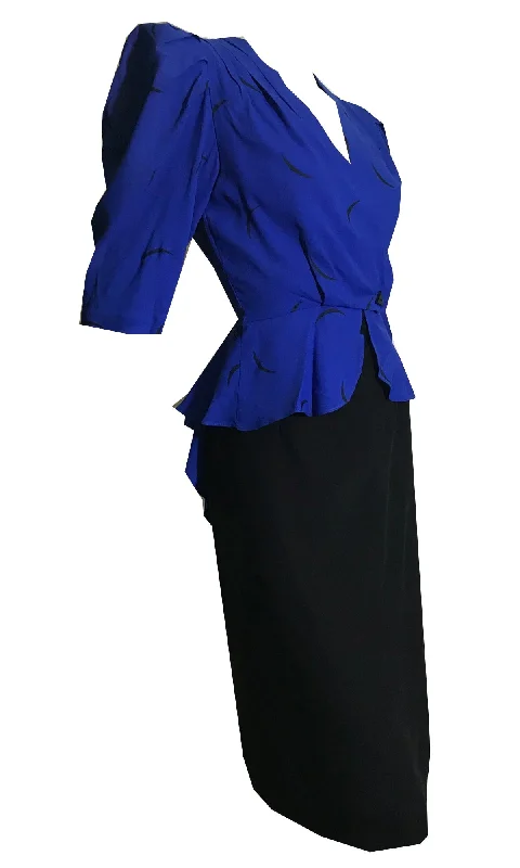 Crazy Deals Blade Runner Chic Black and Blue Suit Dress with Peplum circa 1980s