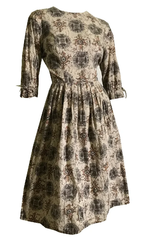 Final Markdown Batik Look Roman Architecture Novelty Print Dress circa 1960s