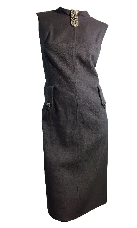Huge Discounts Charcoal Grey Linen Weave Rayon Sheath Dress w/ Faux Snakeskin Accents circa 1960s