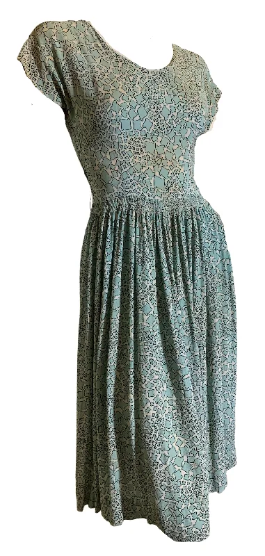 Last Chance Mosaic Print Turquoise Print Dress circa 1940s