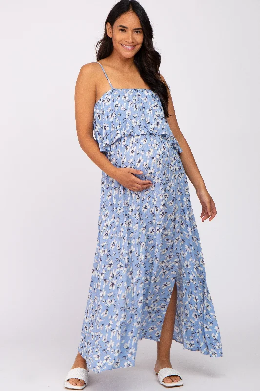 Savings Galore Light Blue Floral Flounce Maternity Maxi Dress