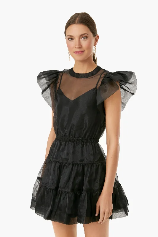 Price Buster Black Monique Organza Ruffle Sleeve Mini Dress
