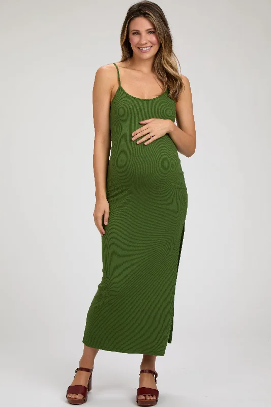 Price Reduction Green Ribbed Sleeveless Side Slit Maternity Dress