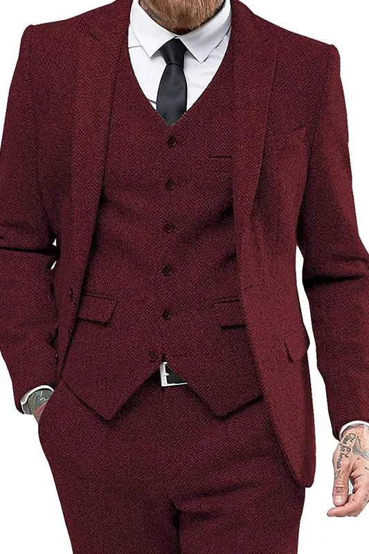Limited Quantity Solid Color Men's 3 Pieces Herringbone Print Slim Business Wedding Suits