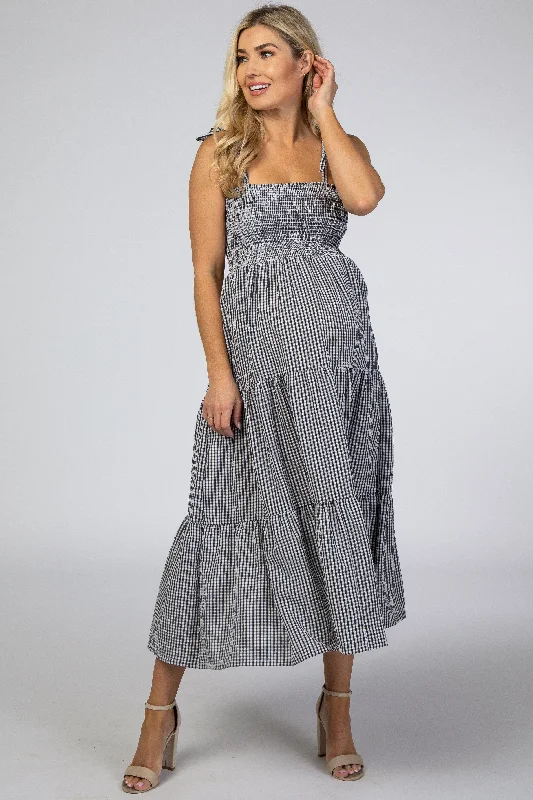 Customer Appreciation Sale Black Checkered Tiered Maternity Midi Dress