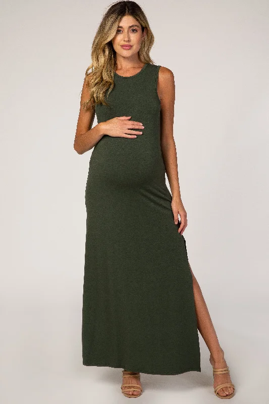 Crazy Deals Olive Side Slit Maternity Maxi Dress