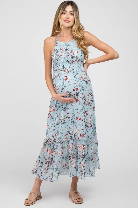 Special Savings Light Blue Floral Chiffon Smocked Maternity Midi Dress