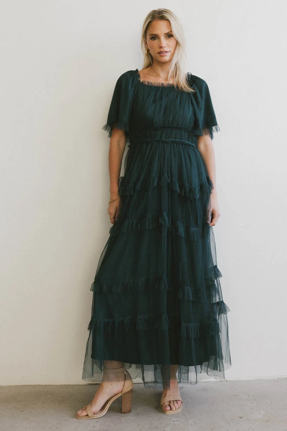 Year-End Sale Eugena Ruffled Maxi Dress in Hunter Green