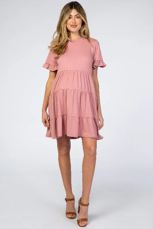 Savings Galore Pink Tiered Short Sleeve Maternity Dress