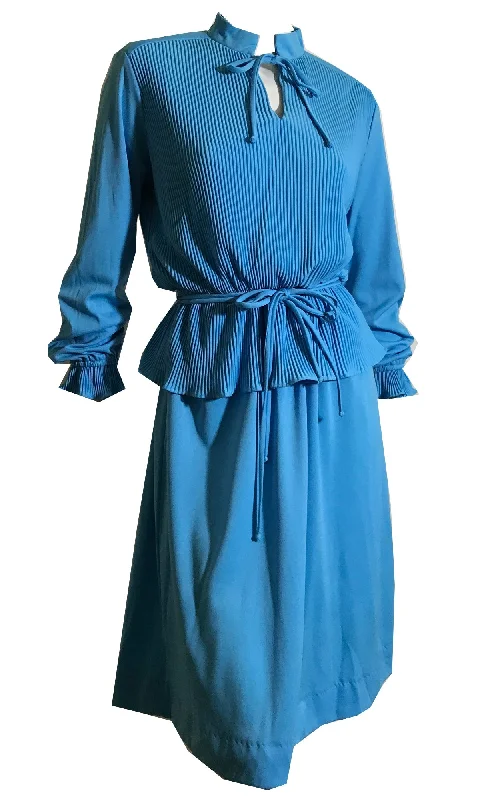Value Deals Sea Sky Blue Pleated Bodice Dress with Peplum circa 1970s