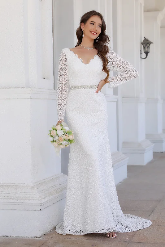 Super Bargain V Neck Long Sleeve Simple Ivory Wedding Dress