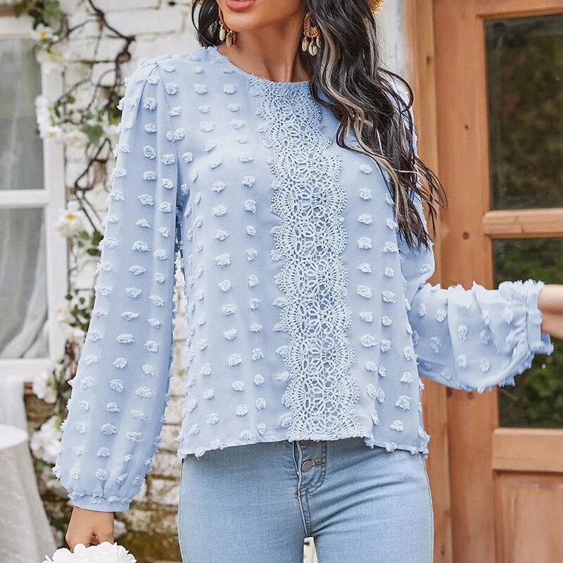 Buy Now Autumn Blue Lace Round Neck Women Blouse Long Sleeves Causal Blouses Office Lady  Fashion Elegant Beach Female Tops New