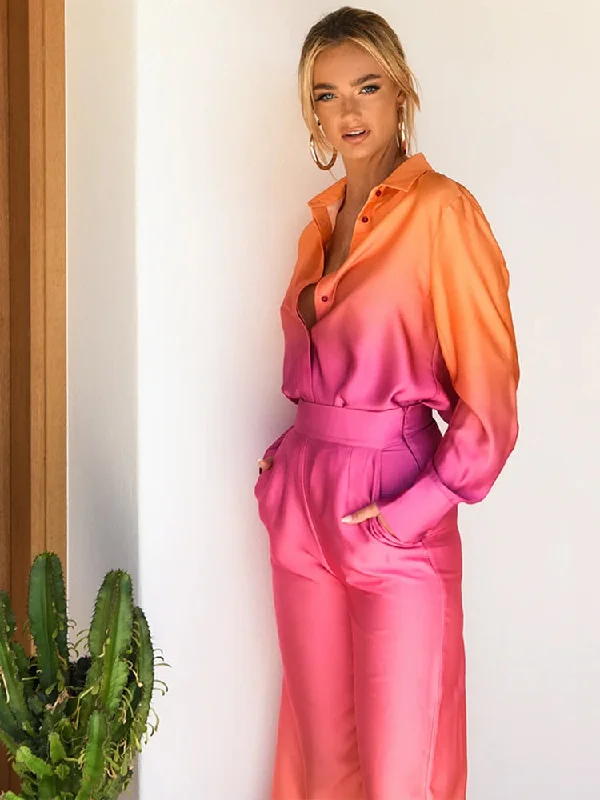 Low Prices Awakecrm Colorful Gradient Satin Shirt 2 Piece Sets Women Fashion Long Sleeve Lapel Blouses Set  Spring Ladies High Waist Pants Suit