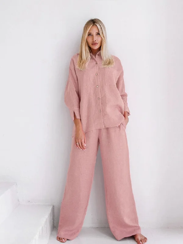Instant Discount Awakecrm Cotton Line Long Sleeve Blouses 2 Piece Sets Women Pink Shirt Set  new Lady casual High Waist Pants Pajamas Suit
