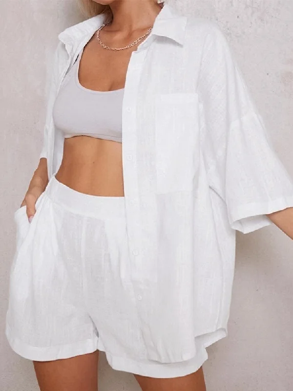 Final Markdown Awakecrm Cotton Line Shirt 2 Piece Set Women Lapel Long Sleeve Lapel Blouses Suits Spring Casual High Waist Shorts Ladies Set