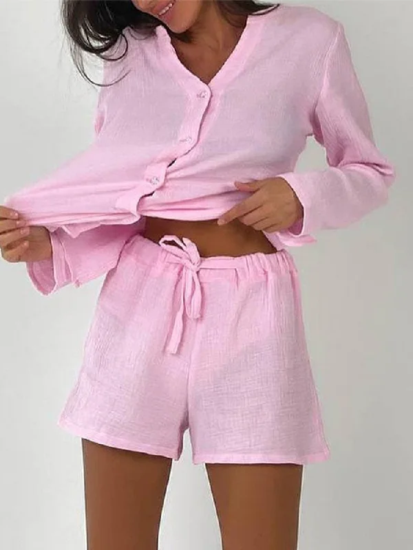 Huge Discounts Awakecrm Long Sleeve Shirt Shorts 2 Piece Sets Women Casual Stand Collar Blouses Suits Spring Summer Ladies Solid High Waist Shorts Set