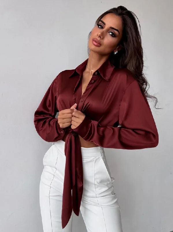 Extra Savings Awakecrm Sexy Lace Up Lapels Blouses Lady Vintage Long Sleeves Female Cropped Tops  Spring Casual Brown Party Club Shirts