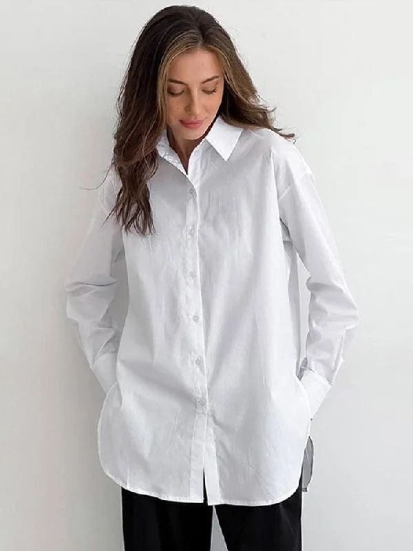Final Clearance Awakecrm White Casual Loose Shirts Women Long Sleeve Turn Down Collar  Solid Blouses Cardigan  New Lady Chic Button-up Tops