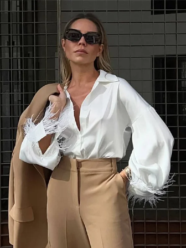 Hurry In Awakecrm White Shirt With FeathersTop Shirts Women Elegant Lapel Single Breated Blouses Spring Ladies Fashion Long Sleeve Shirts